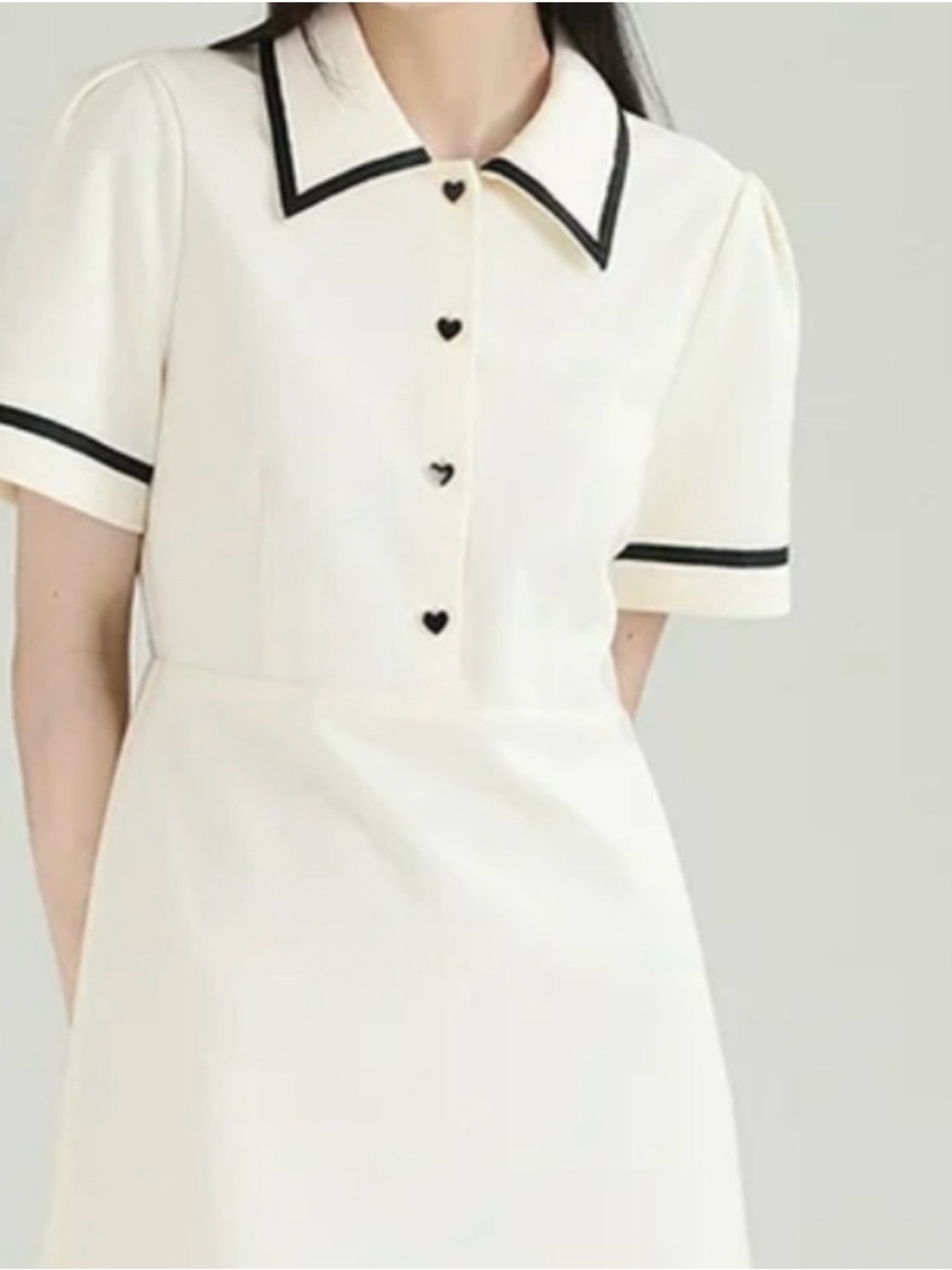 Korean Cream Short-Sleeve Dress with Black Trim
